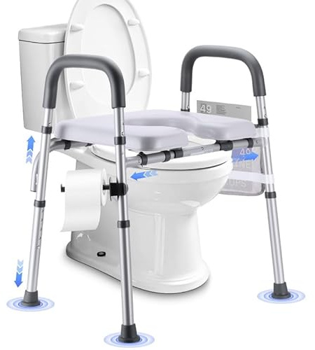 Raised Toilet Seat with Handles, Toilet Seat Riser for Seniors with Adjustable Height & Width, Cozy Padded 500lb Handicap Toilet Seat for Elderly, Surgery, Pregnant, Fit Any Toilet, Assist Getting Up