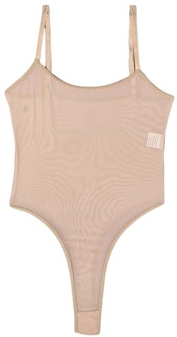 ABAFIP Women's Sheer Mesh Bodysuit Lingerie See Through Teddy High Cut Thong Leotard Sexy Body suit Apricot Small