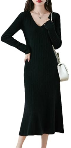 Abito pullover da donna in cashmere con scollo a V, per autunno e inverno, a maniche lunghe, casual, lungo, linea ad A, in maglia di lana, Nero , XS