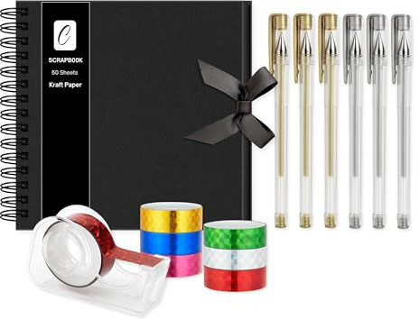 Scrapbook Photo Album 100 Pages (20x20 cm) – Black Spiral-Bound DIY Craft Book, Hard Cover with Ribbon Closure – Includes 6 Metallic Tapes & 6 Gold/Silver Metallic Gel Pens