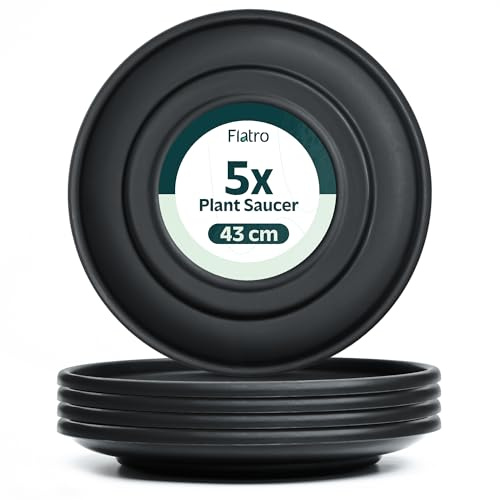 Flatro Plant Pot Saucers (Pack of 5) 43cm Round Plastic Plant Pots Drip Base Tray | Colorful Plants & Flowers Pot Drip Dishes Indoor & Outdoor Garden Ornament Accessories (Black)