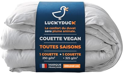 LUCKY DUCK - Couette 4 Saisons 220x240 - Percale100% Coton Blanc - Édredon Hypoallergénique - Ensemble Modulable 2 pièces 250+325g Séparables - Garnissage Microfibre - Léger à Très Chaud Toute l’Année