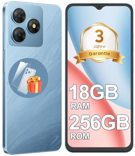 Handy Ohne Vertrag, Android 15 Smartphone, 18GB RAM 256GB Speicher, 6,56 Zoll 90Hz Display, 5000mAh Akku, 4G, Dual SIM, GPS, Fingerabdruck, Face ID, für Social Media Streaming und Alltag, Blau