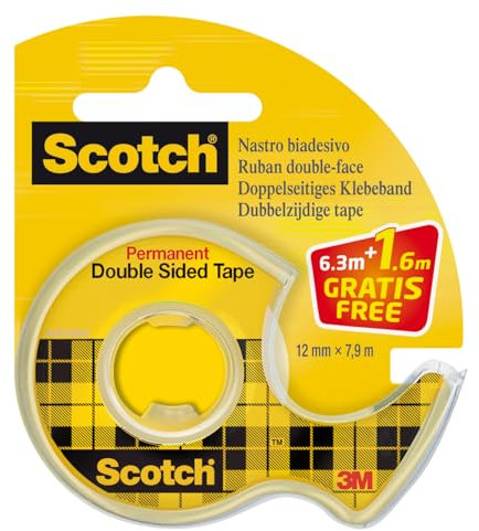 Scotch Double-Sided Tape, 1 Roll on Handheld Dispenser + 25% Extra FREE, 12 mm x 7.88 m - Clear Double Sided Sticky Tape, Strong, Long-Lasting, and Photo-Safe