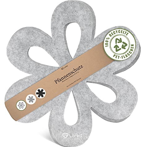 LoFelt Pfannenschoner & Stapelschutz für Pfannen, Töpfe, Schüsseln und noch mehr Küchenutensilien - 5 Stück in L Ø 32cm - Pfannenschutz Topfschutz aus Filz in Hellgrau - Blumenform