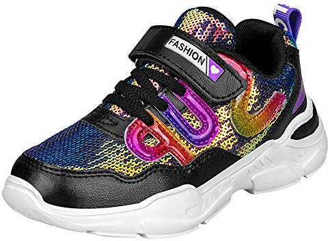 HSNA Mädchen Turnschuhe Glitzer Sneaker Pailletten Kinderschuhe mit Klettverschluss(a01 Schwarz 35 EU)