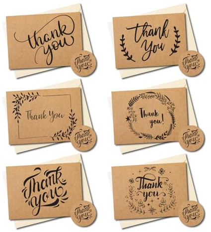 Confezione da 36 biglietti di ringraziamento, lauree, 36 buste di carta color crema e 36 biglietti in carta kraft marrone con 40 adesivi di ringraziamento.