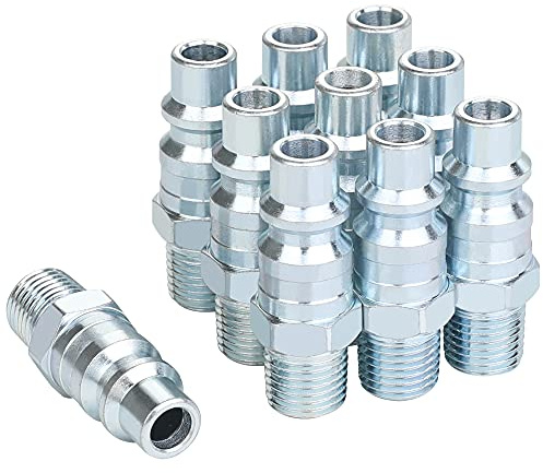 JOROY 3/8 High Flow Air Hose Fittings, Industrial M-Type Plug, 3/8 Inch High Flow Size, 1/4 Inch Male Threads Size, Steel Material, 300PSI, 10 Pieces Air Compressor Accessories