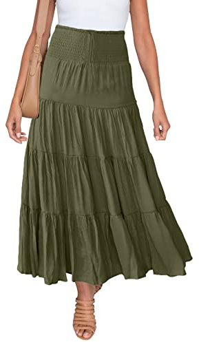 HAEOF Jupe longue d'été évasée élastique taille haute bohème décontractée avec cordon de serrage, Vert kaki, Taille S