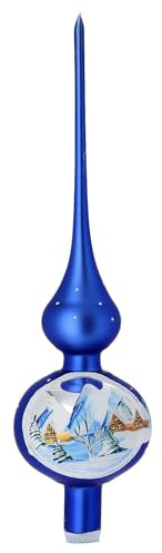Christbaumspitze aus Glas in blau mit Winterdorf handbemalt, 35 cm