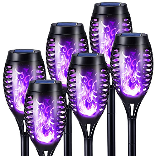 Geemoo Luces de llamas Solar Exterior Jardin 6 Piezas Antorchas Solares Exterior con llamas Realistas Violeta, IP65 Impermeable, Decoración Halloween Luces para Césped y Camino, Jardín, Pasillo