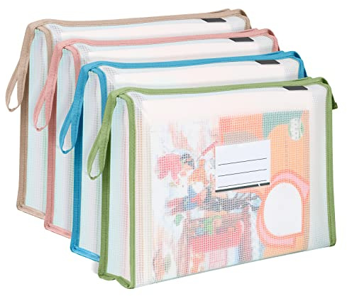 4-pack A4-plastplånbok mappar med popper, A4-tryckarplånbok dokumentmappar fickor kuvert med dragkedja och kortplats, plastmappar för skola kontor hem, blandade färger