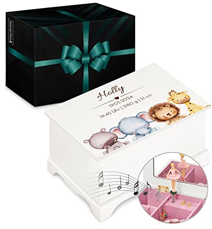Maverton Jewelkeeper mit Aufdruck - Schmuckschatulle mit Spieluhr Ballerina - Musikschmuckdose für Mädchen - Schmuckkästchen zur Taufe - zur Erstkommunion - zum Geburtstag - Kuscheltiere