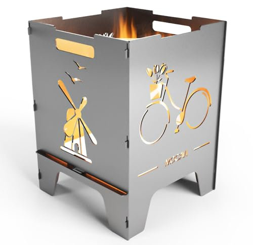MOCAVI Edelstahl Feuerkorb Vakantie 52 cm | 3 mm V2A Design-Feuertonne für Garten, Terrasse und Balkon Feuerschale Feuersäule massiv sicher quadratisch Feuerstelle Outdoor faltbar hitzefest eckig