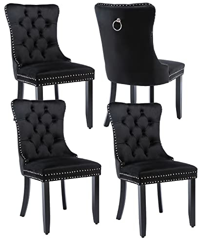 Shenyon Black Velvet Dining Chairs Set of 4, Upholstered Dining Room Chairs with Back Ring Pull Trim and Solid Wood Legs,Modern Dining Chairs Perfect for Dining Room,Living Room,Kitchen(Black)
