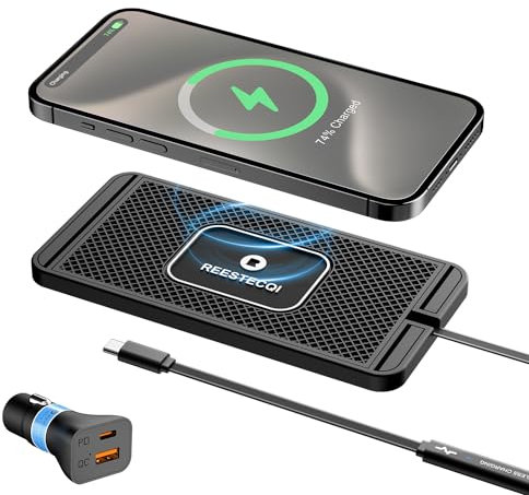 Wireless Car Charger Pad, REESTECQI 15W Non Slip Wireless Charging Pad for Car with 40W Type C Car Charger for Airpods iPhone 17/16/15/14/13/12/11 Samsung Google (30CM Cable)