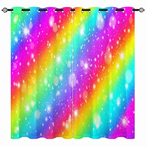 YUANZU Gestreifte Vorhänge Regenbogen Glitzer Ösen Gardinen mit Blickdichte Thermo Vorhang Kälteschutz Blackout Curtain Mädchenzimmer Schlafzimmer Verdunkelung Fenster, 2 Stück, H 200 x B 140 cm