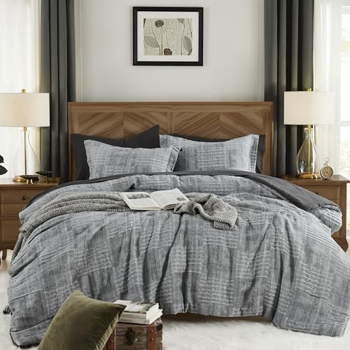 MaiRêve Charcoal Grey Full Comforter Set, Textured Design Grey Crinkle Bed in A Bag Full Size, Full Comforter Set with 7 Pieces with Comforter, Sheets, Pillowcases & Shams 80x 90