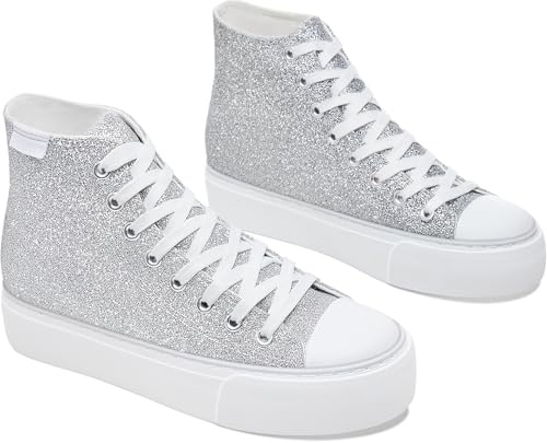 ALTOCIS High Top Glitter Sneakers Mid Top Platform Sparkly Sequin Shoes Women Cute Shiny Fashion Sneakers Bling Platform Walking Shoes(Sliver US8)