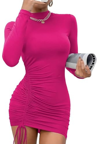 Rongseng Vestido Mujer Manga Larga Sexy Ajustado Vestidos Cuello Alto Elástico Lado Cordón Mini Vestido Elegante Informal Vestido Slim Fit Color SóLido Vestido Invierno para Fiesta Cóctel Club