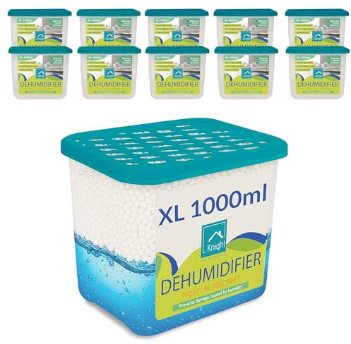 KNIGHT 1000ml 10 Pack Dehumidifier -1L Moisture Absorber, Long Lasting 90 Days Dehumidifier, Prevents Mould and Condensation caused by Humidity in Home, Kitchen, Caravan & Garage - Patent Design