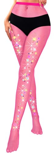 Fohevers Dam glittrande nätstrumpbyxor diamant fisknätsstrumpor glitter strass fisknätstrumpor tajt litet nät med främre färgad diamant, Rosa, one size