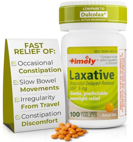 TIME-CAP LABS, INC. Timely Laxative Bisacodyl 5mg Tablets - Stimulant Laxatives for Constipation Fast Acting & Gentle - Overnight Constipation Relief for Adults -100 Tablets