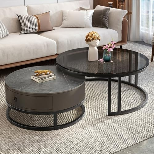 SBCWH Couchtisch Satztisch, Akzent Beistelltisch aus Gehärtetem Glas, runde Couchtische aus Gesintertem Stein mit Schublade, für Wohnzimmer, Schlafzimmer, Balkon, Büro (Color : Black+Gray, Size : 20