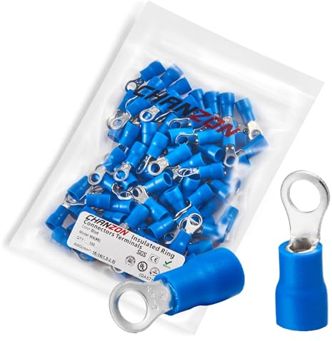 Chanzon 100pcs Blue Ring Terminals - #8 M4 - UL Listed Insulated PVC Eyelet Wire Connector 16-14AWG Gauge Electrical Crimp Connector for Boat Truck Stereo Car