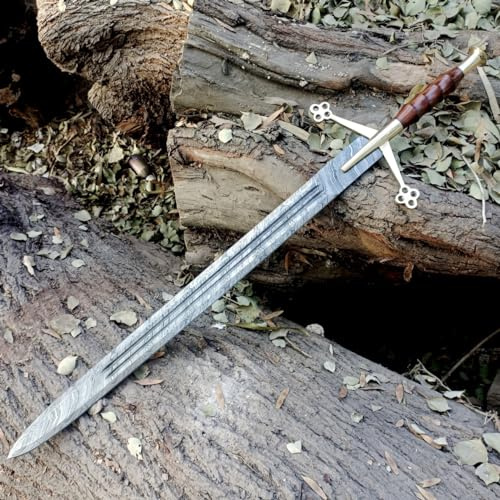 Langes schottisches Zweihand-Claymore-Schwert aus Damaststahl, 38 Zoll, 2 kg, scharfe doppelte Klinge