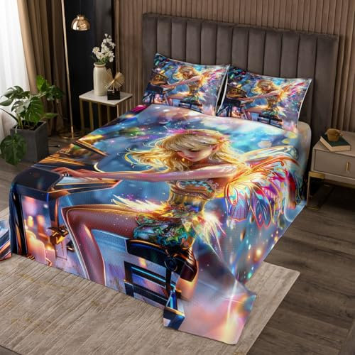 Fee Mädchen Tagesdecke M Größe,Bunte Schmetterling Flügel Prinzessin Bettwäsche,Klavier Musik Tröster Set Kinder Frauen Zimmer,geheimnisvolle und magische Stil Quilt Set,1 Kissenbezug