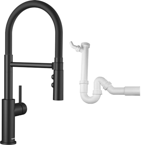BLANCO CATRIS-S Flexo | Küchenarmatur in schwarz matt & Geruchsverschluss (Siphon) 1,5'' x 50 mm (Abgang Ø=40 oder 50 mm)