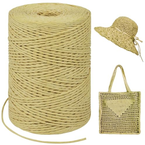 LEREATI Raffia Garn zum Häkeln, Bastband Natur 1.5mm x 300m Papiergarn Geschenkbänder, Bändchengarn zum Häkeln, Papierdraht zum Häkeltaschen, Körbe, Hüte, Geschenkverpackung (Braun)