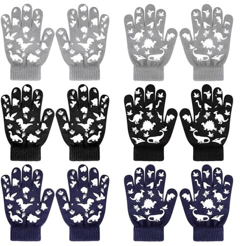 QKURT 6 Paar Kinderhandschuhe, Magische Handschuhe Dinosaurier für Jungen Mädchen, Voller Finger Kinder Winterhandschuhe Strickhandschuhe Geeignet für Kinder im Alter von 5 bis 13 Jahren