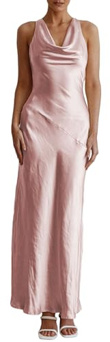 Robe Maxi en Satin à col bénitier sans Manches, Dos Nu, pour invitées de Mariage, Robe en Soie Dos Nu à Nouer dans Le Dos, Robes Formelles pour Femmes., Rose, Taille XS