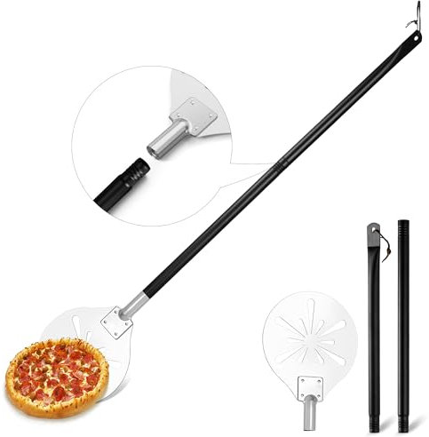 Homikit Edelstahl Pizzaschieber, 20 x 22,7 x 110 cm, Perforierte Pizzawender mit Abnehmbarem Griff, Rund Schaufel zum Leichten Gleiten auf Pizzastein