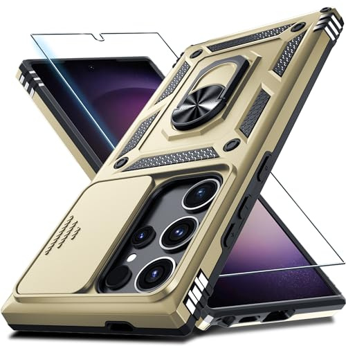 Janmitta Compatible with Samsung Galaxy S25 Ultra Case Built in Slide Camera Lens Cover+Screen Protector+Finger Ring Holder Kickstand,Heavy Duty Shockproof Full Body Phone Cover,2024 Gold