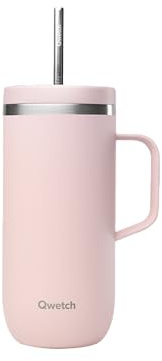 QWETCH - Cold Cup 600ml avec Poignée et Paille - 24h Glacé & 12h Froid - Pastel Rose - Gourde Isotherme en Inox, Tasse Thermo Café