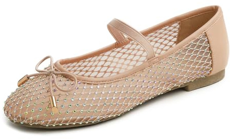 BREEZE NOUTHERLY Dammode nät mjuk Mary Jane rund tå gnistrande platta skor, Strass Mesh Beige Elastisk, 38.5 EU