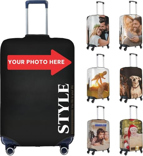 Housse de Bagage personnalisée, Housse de Valise Personnalisée avec Texte Photo, Housse de Valise Double Face Design différent, Voyage élastique et Lavable, 18-32 Pouces,Cadeaux personnalisés