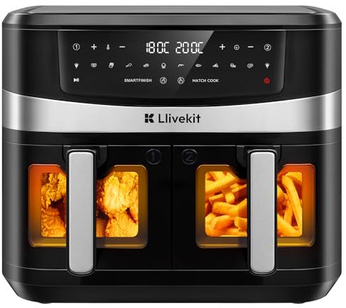 LLIVEKIT 10L Heißluftfritteuse 2 Kammern, 12 in 1 Airfryer Dual Blaze, Doppelkammer Air fryer mit Luftfrittiergestell Spießhalter, Heissluftfriteuse Dual Zone 95% weniger Öl, Vorheizen Dörren
