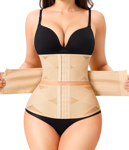 KUMAYES Waist Trainer Women Body Shaper, Waist Cincher Gym Sweat Belt for Weight Loss Women Stomach Flattener Postpartum Belly Wrap Corset (Beige, S)
