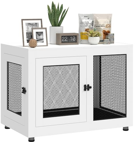 PawHut Gabbia per Cani Taglia Grande max. 30 kg da Interno, Casetta per Cani con 2 Porte Bloccabili, Piedini Regolabili e Cuscino Lavabile, Acciaio e Legno, 94x60x71.5 cm, Bianco