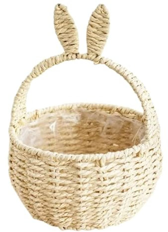 Cesta Mimbre Pequeña para Huevos de Pascua, Easter Basket Y Orejas de Conejo Y Asa, Cestas Niño de Flores de Boda, Artesanal Canasta Tejida de Paja, Decoración de Estilo Rústico