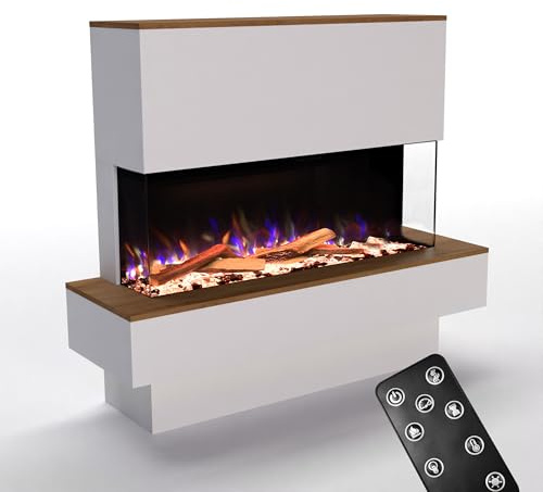 GLOW FIRE Kaminofen PR19 mit realistischem 3D E-Motion LED-Feuer - Stand-Elektrokamin mit Heizung und Kaminfeuer, Knistereffekt & Timer, max. 1500 W, 111,9x136,6x50cm, Weiß/Eiche