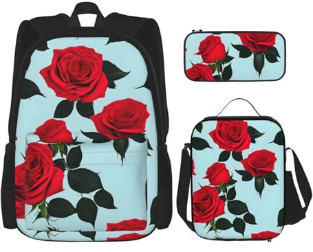 OXKGHHO Juego de mochila de trabajo con estampado de rosas rojas con lonchera aislada, correas ajustables, para gimnasio y uso diario, Negro -, Talla única