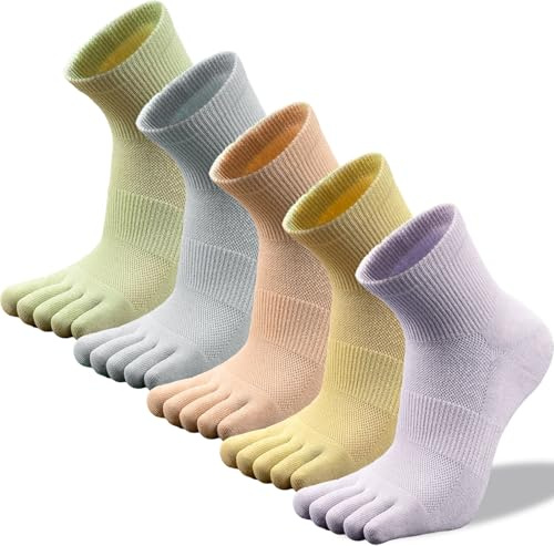 QUPOLPOL Damstrumpor med 5 fingrar, andas, halkfria bomullsstrumpor, perfekta för yoga, pilates, fitness, löpning och daglig användning - flerfärgade förpackningar, 5 färger, one size