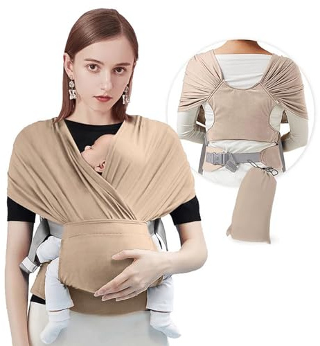 Liemuao Tragetuch für Neugeborene bis 15 kg aus Baumwolle, verstellbar, ergonomisch, ohne Knoten, beruhigt das Baby, fördert die Stillzeit, Kindertrage (Khaki)