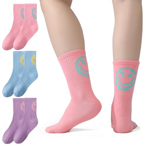 Utensilsto 3 Paar Tennissocken Damen 38-42 Sportsocken Bunte Socken mit Smile Motiv Lustige Verrückte Strümpfe Crew Socks für Jungen Frauen Herren Männer Tennis Sport Freizeit Alltag Rosa,Blau,Lila