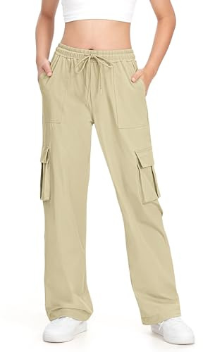 HASMES Girls Cargo Pants Kids Lightweight Hiking Pants Water Resistant Joggers with Pockets 7-15Y Khaki